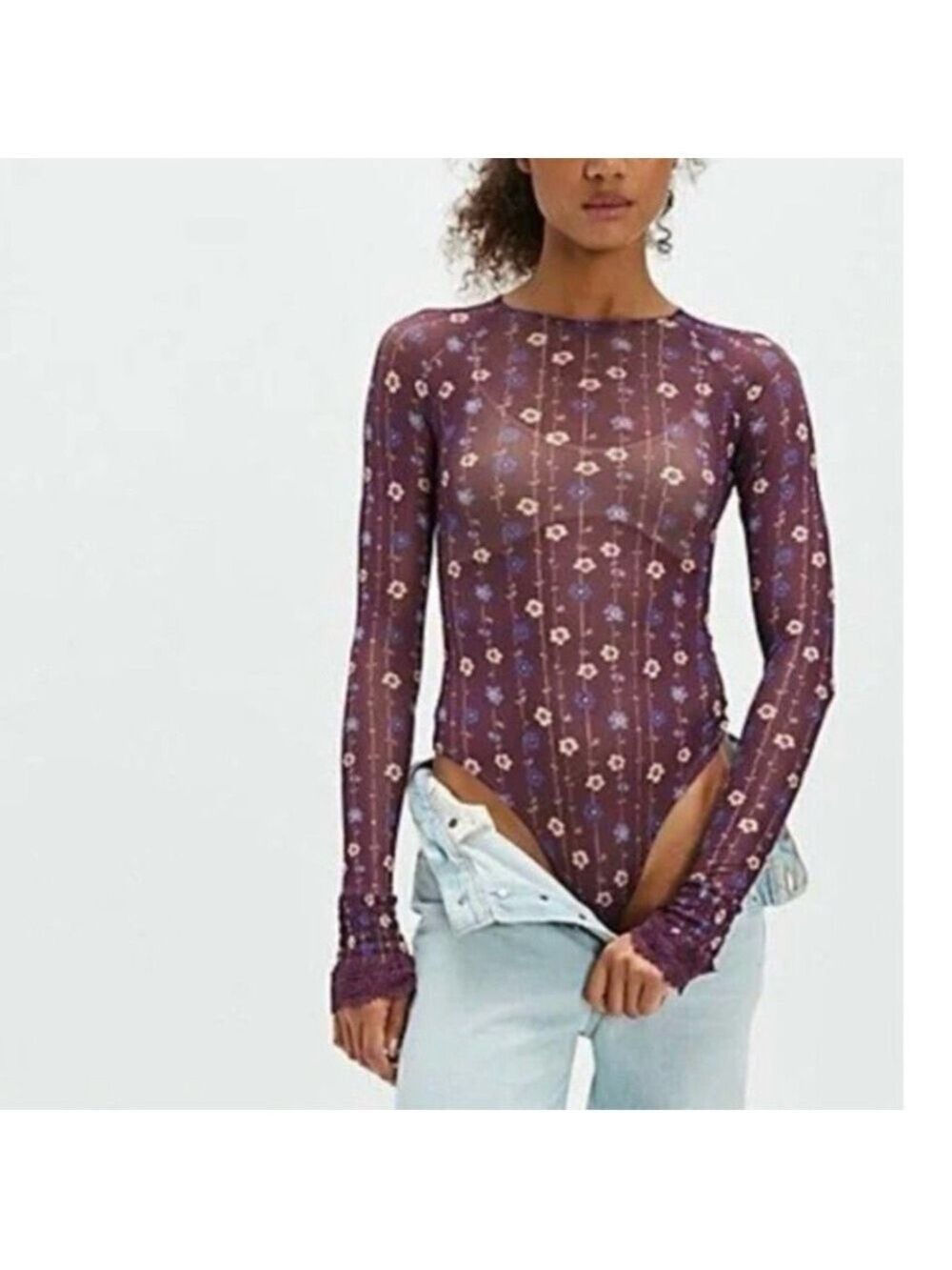 Free People Bodysuit Up All Night Mesh Floral Berry Bandit Small Petite